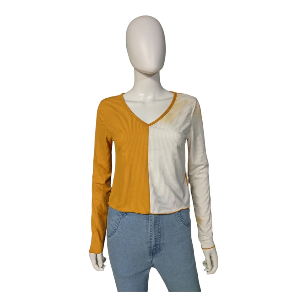YMI Collection Ribbed Color-Block V-Neck Long Sleeve Crop Top XL Mustard /White